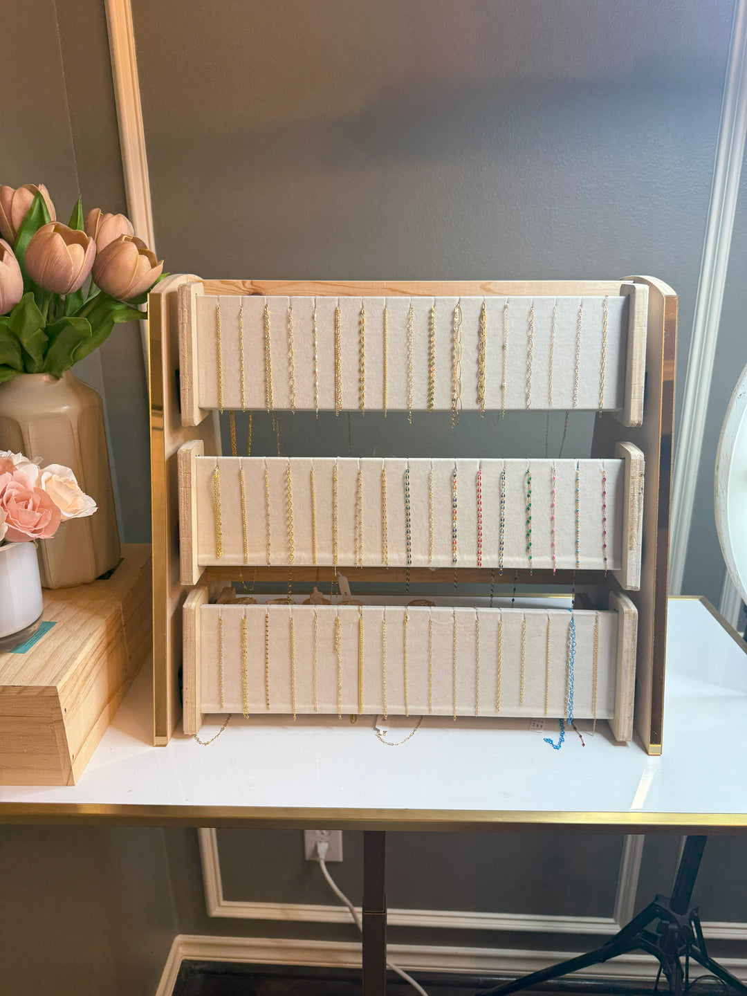 Permanent Jewelry Chain Display Rack – 3-Tier Sliding System with Built-In Spool Storage