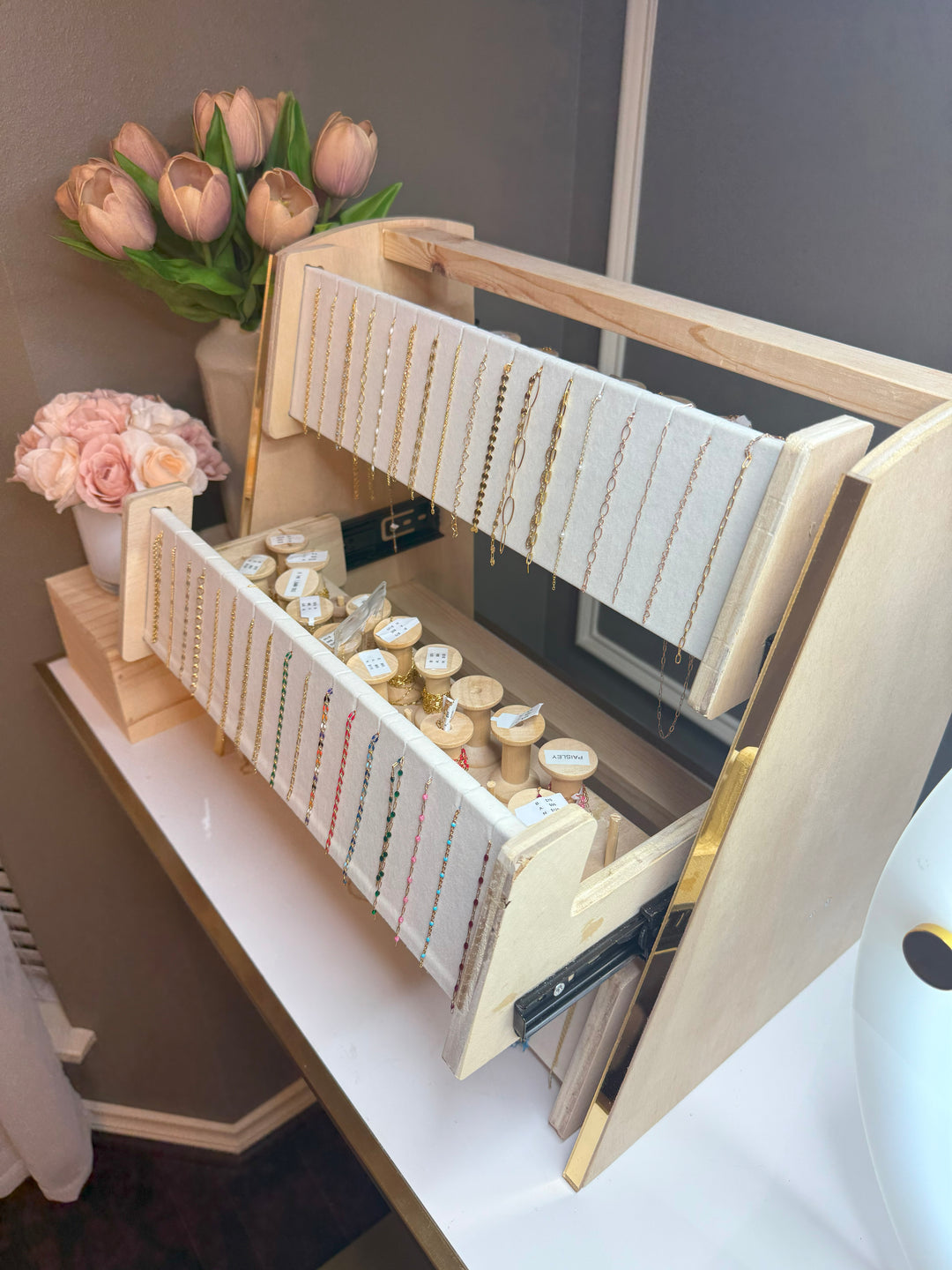 Permanent Jewelry Chain Display Rack – 3-Tier Sliding System with Built-In Spool Storage