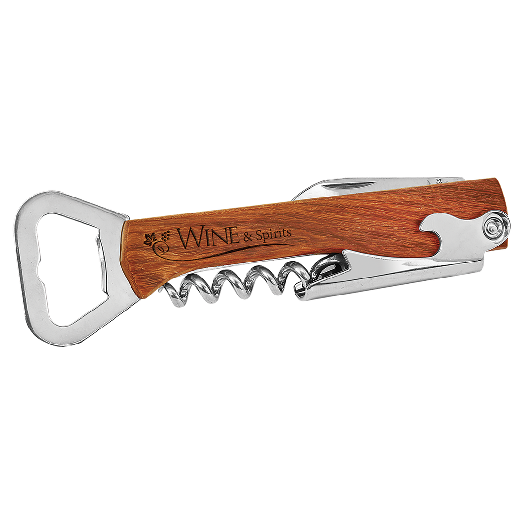 Wood handle wine opener and corkscrew with a sample laser engraving