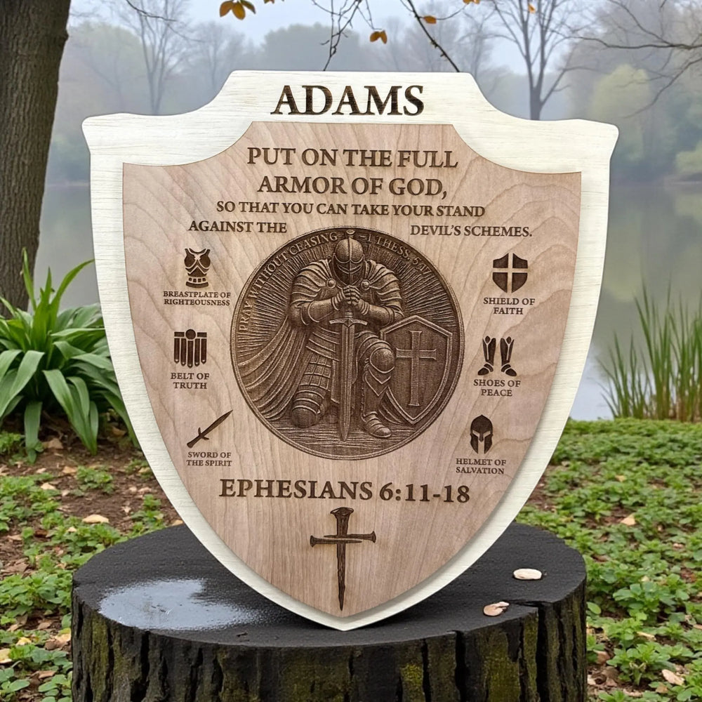 Personalized Armor of God Wooden Shield Sign, Prayer Warrior Wall Decor (Ephesians 6:11–18)
