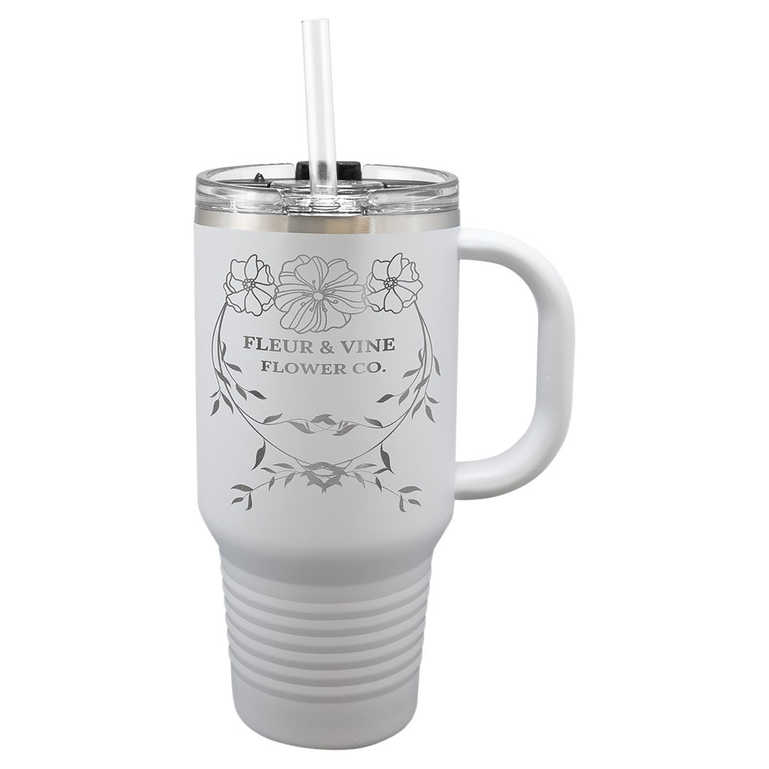 32 oz Personalized Travel Mug with Handle & Straw – Laser Engraved