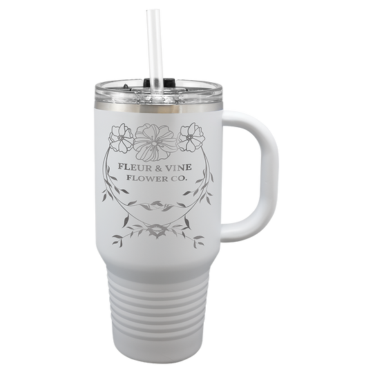 32 oz Personalized Travel Mug with Handle & Straw – Laser Engraved