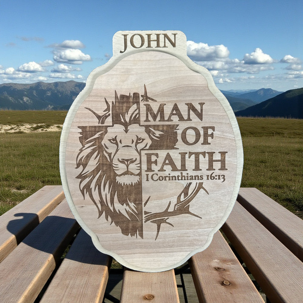 Personalized Man of Faith Wood Sign | Christian Wall Decor | 1 Corinthians 16:13 Scripture Plaque