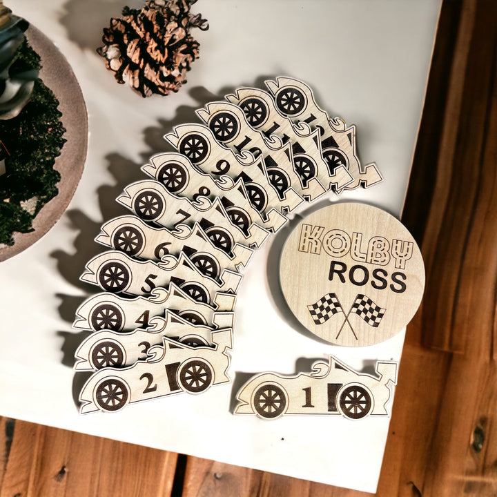 Racing-Themed Monthly Milestone Markers – Rusling Woodworks