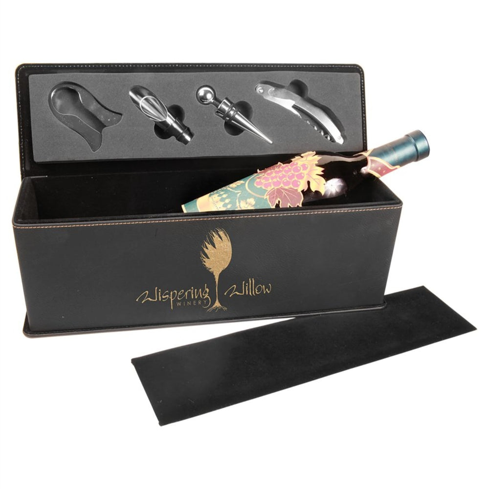 Black and gold leatherette wine box with tools, sample engraving