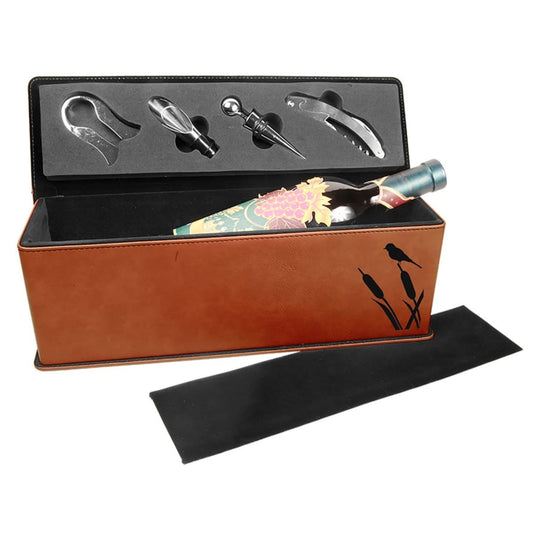 Rawhide leatherette wine box with tools, sample engraving