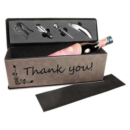 Gray leatherette wine box with tools, sample engraving