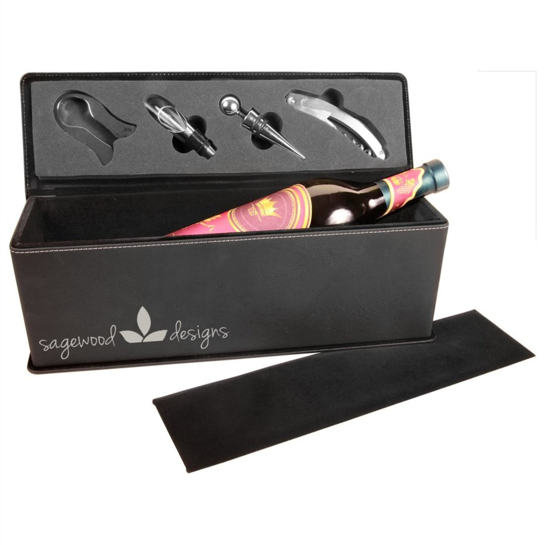 Black and silver leatherette wine box with tools, sample engraving