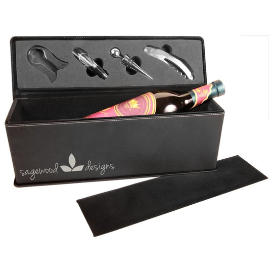 Black and silver leatherette wine box with tools, sample engraving
