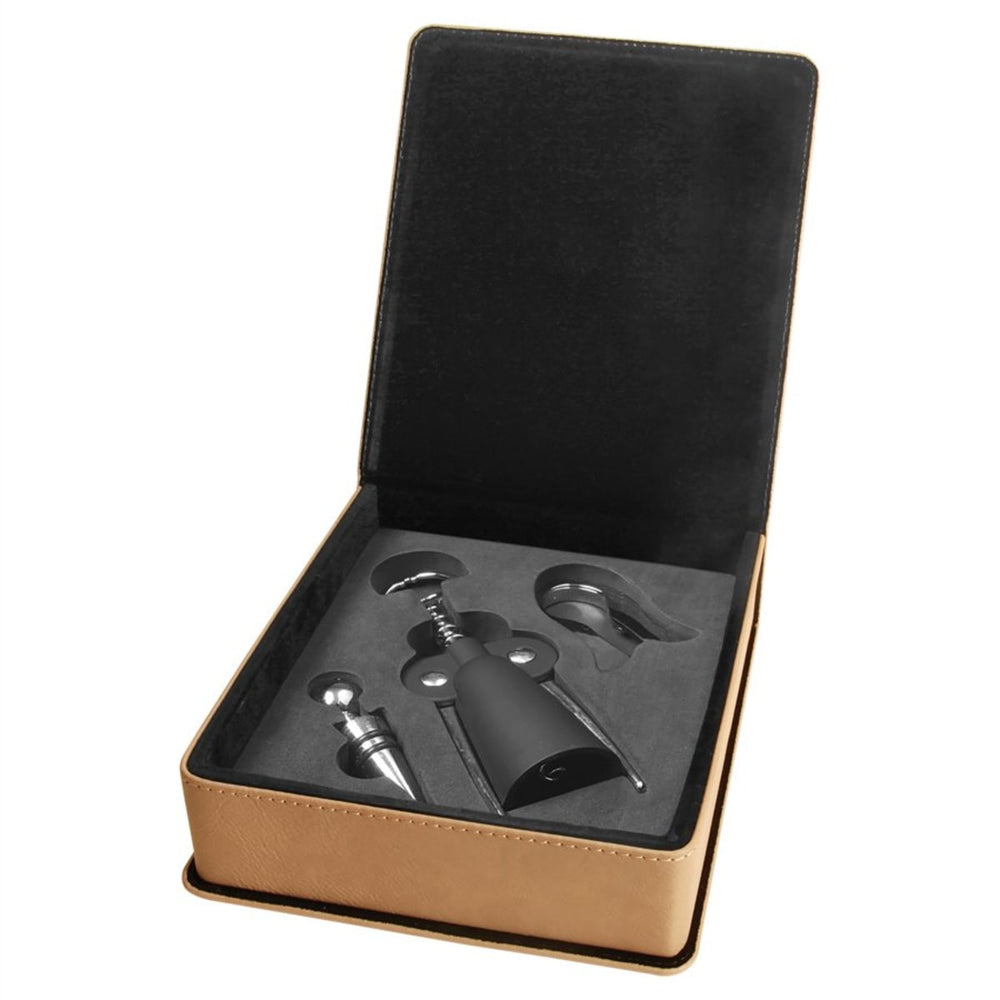 Light brown leatherette 3-piece wine tool gift set