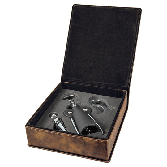 Rustic and gold leatherette 3-piece wine tool gift set
