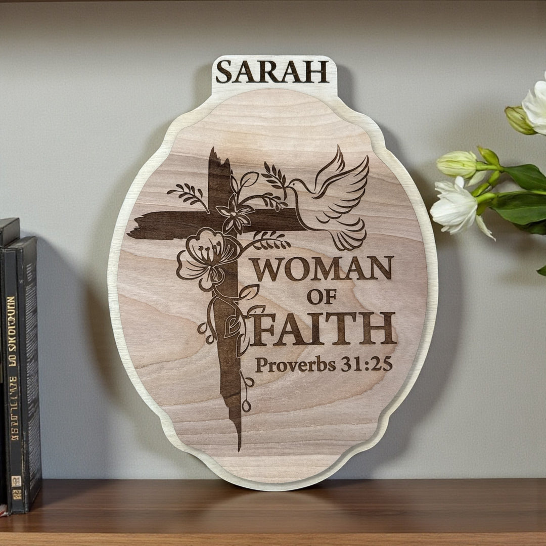 Personalized Woman of Faith Wood Sign | Proverbs 31:25 Christian Wall Decor