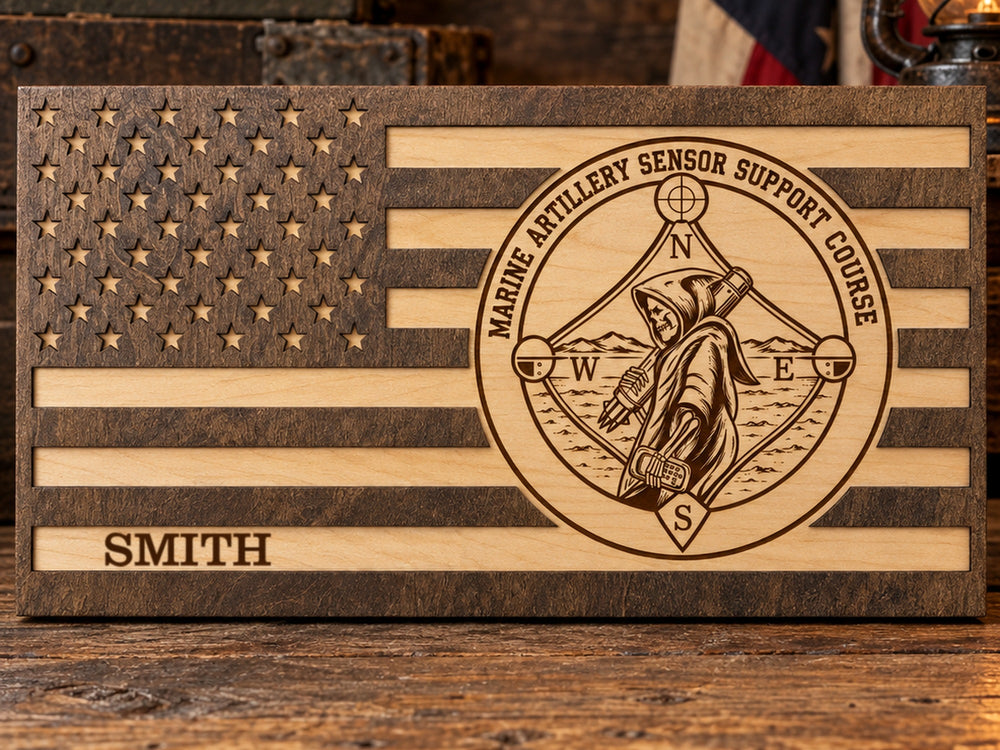 Mockup render of a custom flag sign with a unit insignia, three engraved lines and the name SMITH