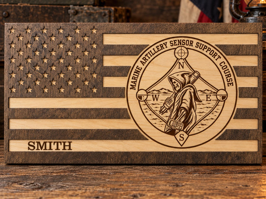 Mockup render of a custom flag sign with a unit insignia, three engraved lines and the name SMITH
