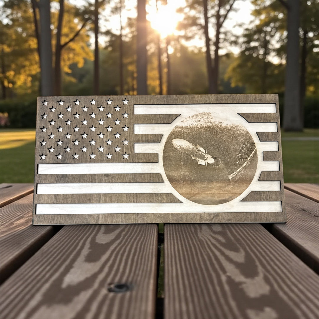 Custom flag sign with a customer photo engraved in the circle on the flag