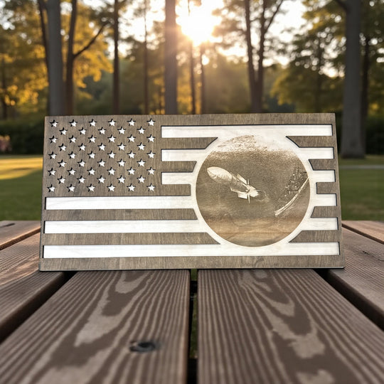 Custom flag sign with a customer photo engraved in the circle on the flag
