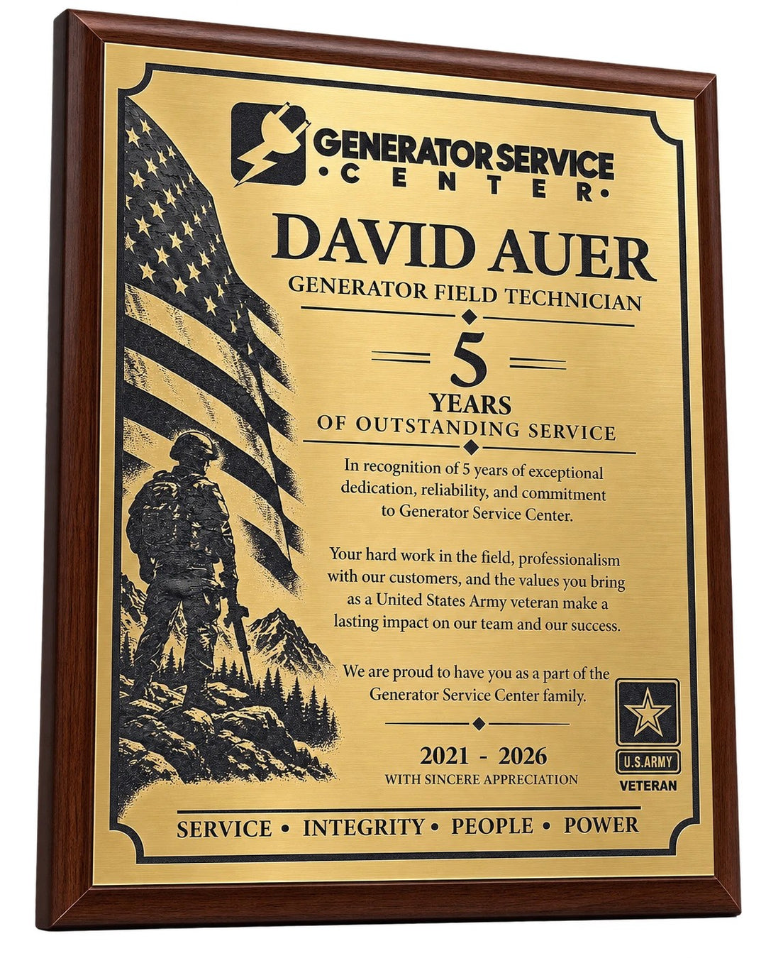 Custom service award plaque, brushed gold plate engraved black on walnut-finish wood