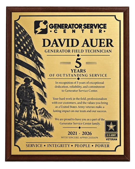 Custom service award plaque, brushed gold plate engraved black on walnut-finish wood