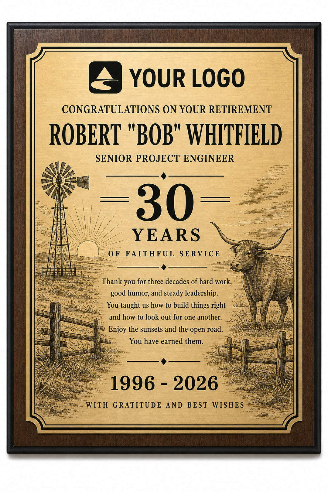 Sample design mockup - retirement plaque, designed to your text and logo