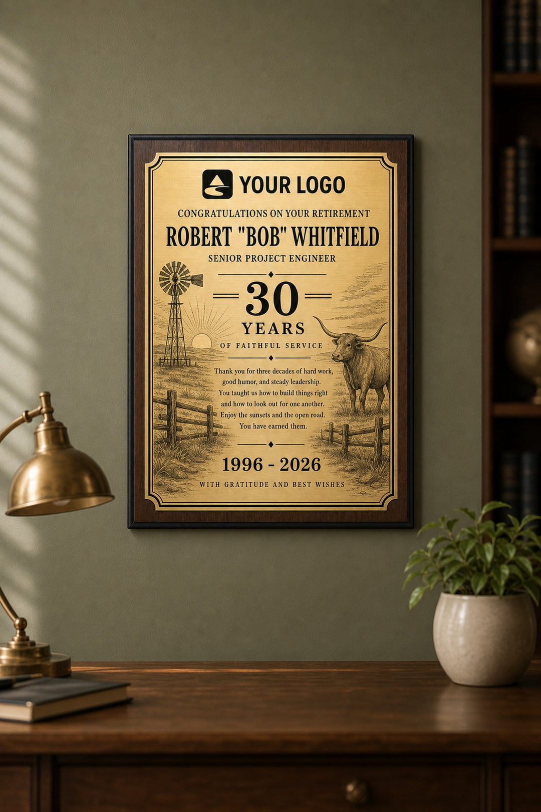 Sample design mockup shown hanging on an office wall