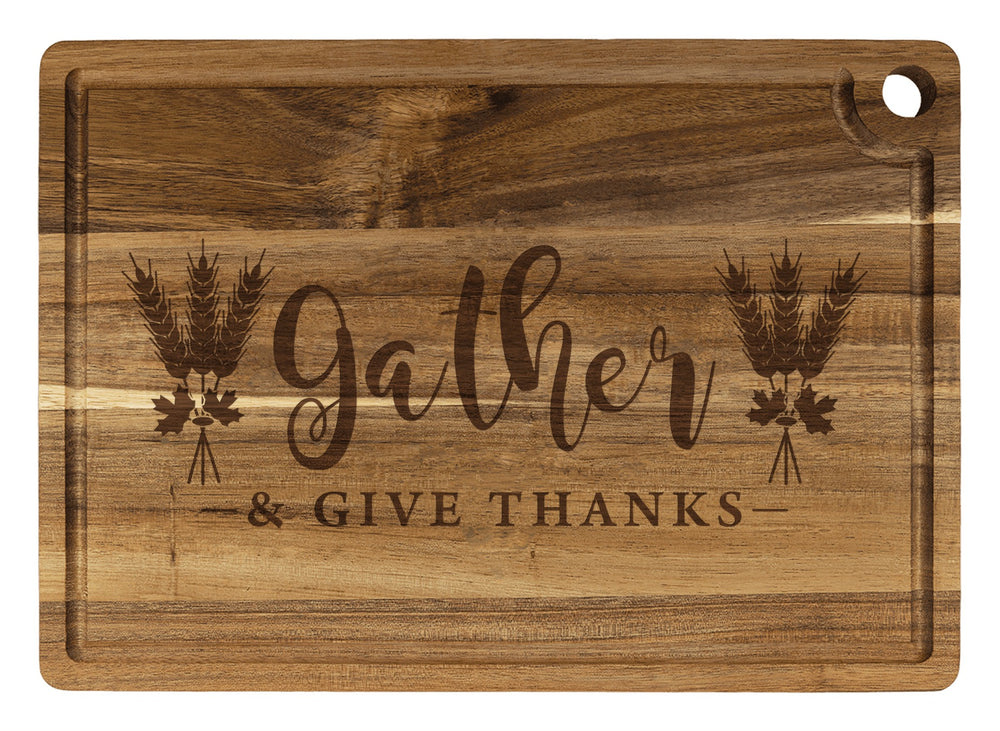 Personalized cutting board engraved with Gather & Give Thanks
