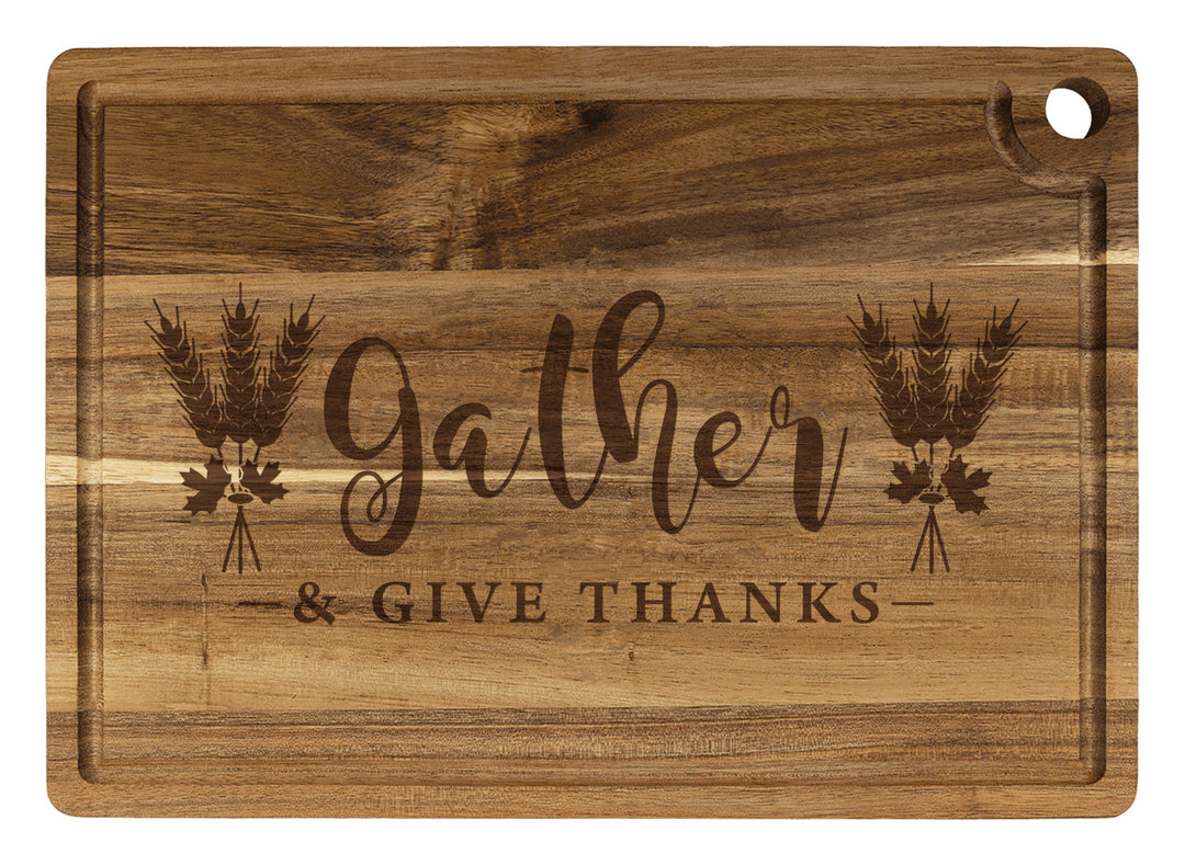 Personalized cutting board engraved with Gather & Give Thanks