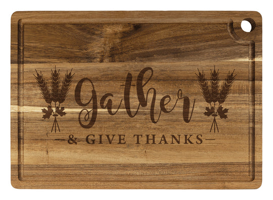 Personalized cutting board engraved with Gather & Give Thanks