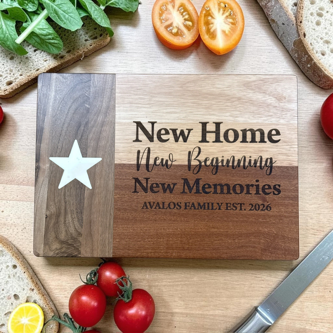 Sample design: small Texas flag cutting board engraved New Home, New Beginning, New Memories