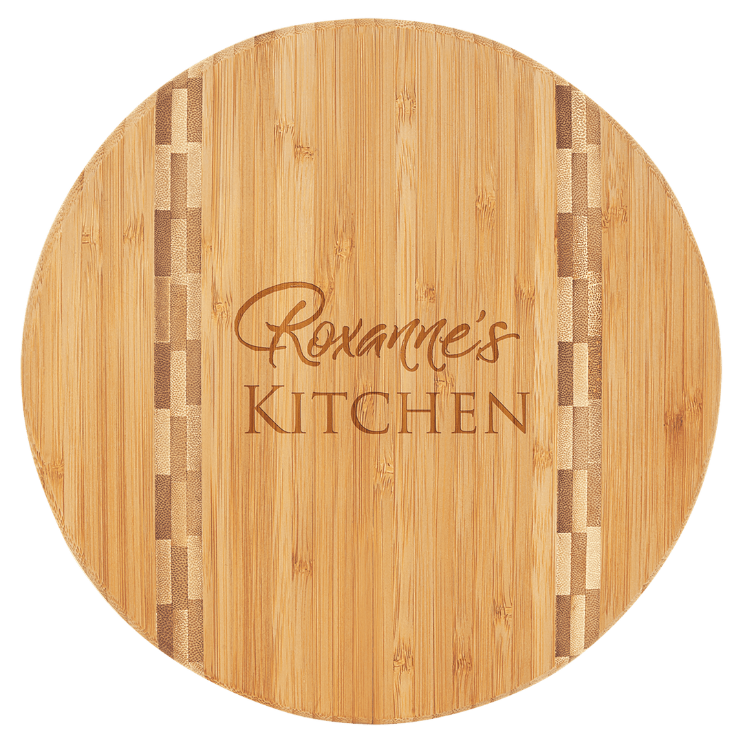 Round Bamboo Cutting Board with Butcher Block Inlay, Personalized Cutting Board