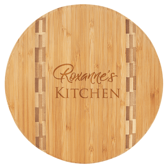 Round Bamboo Cutting Board with Butcher Block Inlay, Personalized Cutting Board