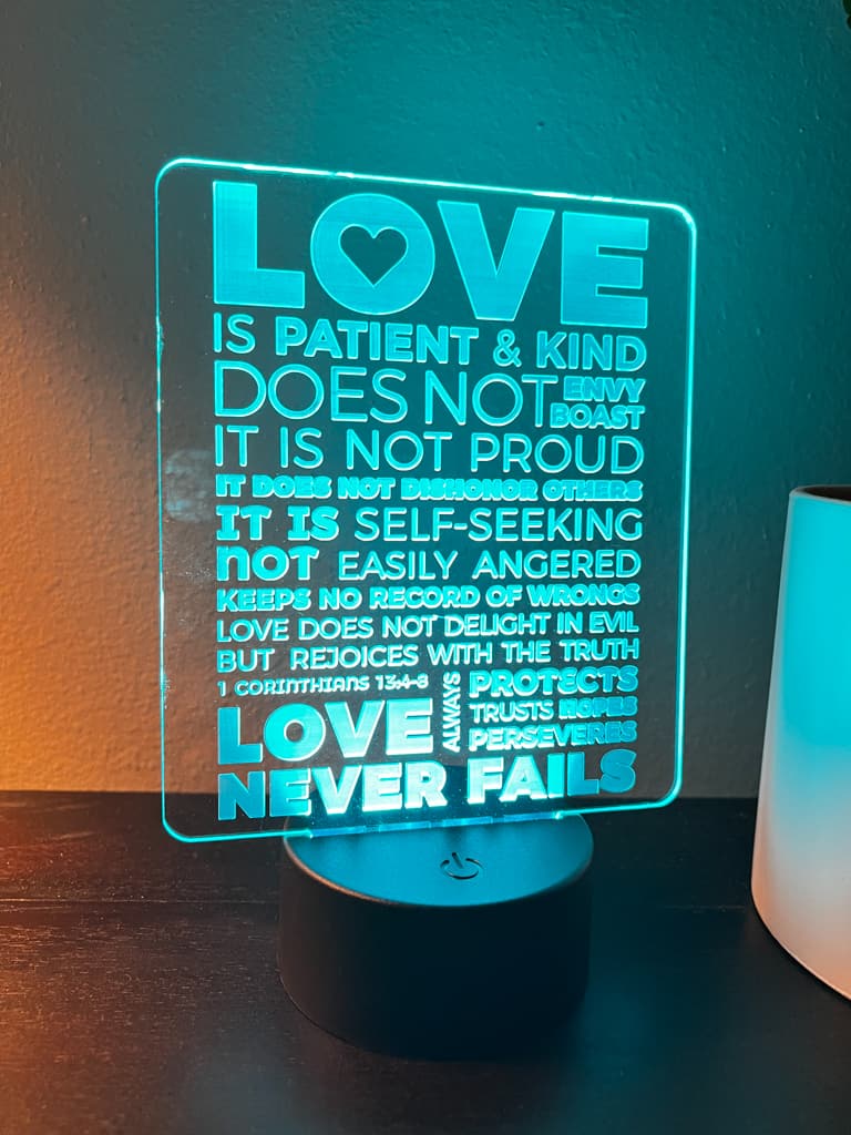 LED Lamp - Love is Patient, 1 Corinthians 13:4-8, Illusion Lamp