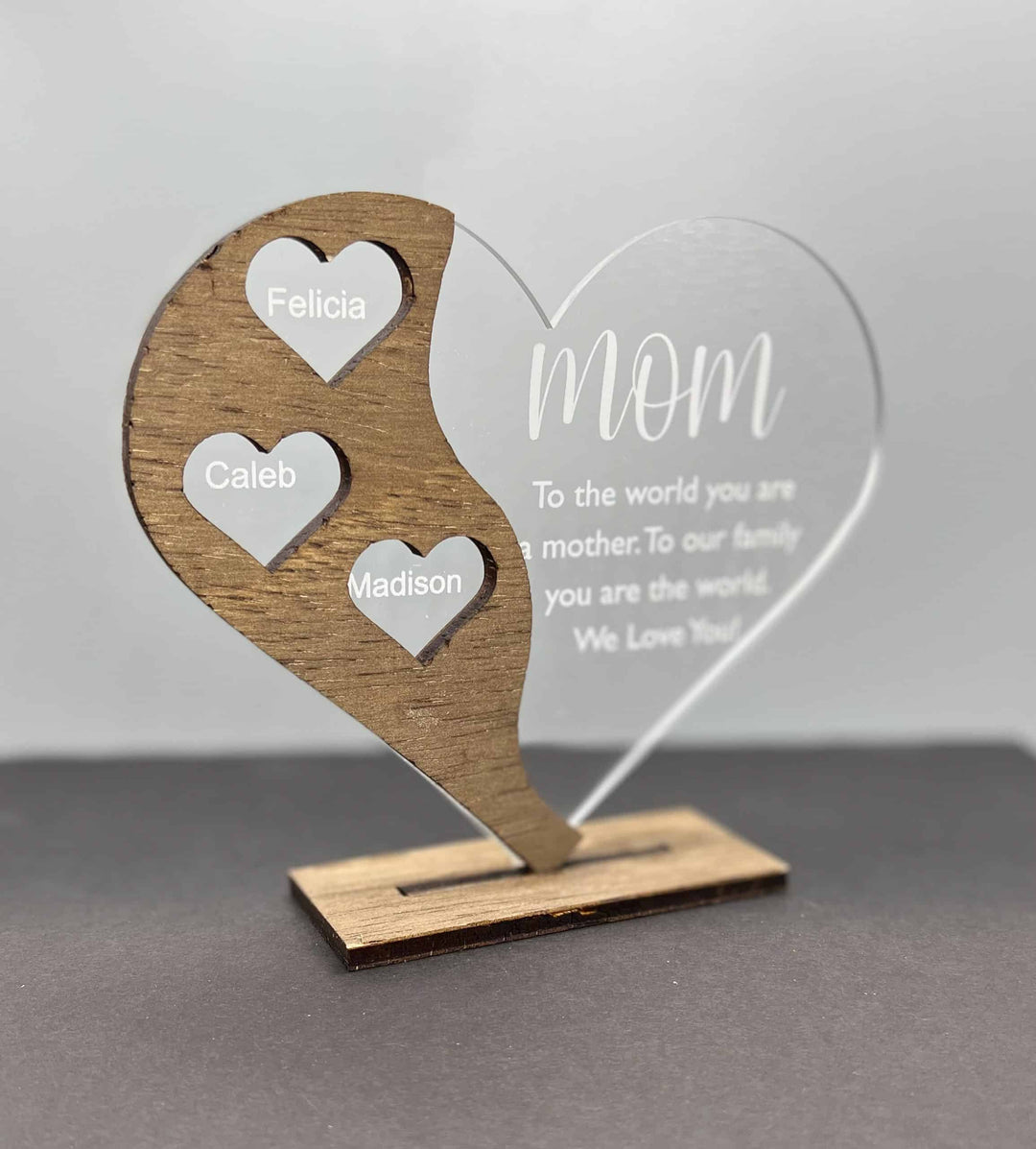 Wood/Acrylic Heart Stand, Mother's Day Gift, – Rusling Woodworks